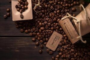 Coffee beans on the table from above and empty label over top view photo
