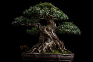 Aged bonsai tree isolated on black background photo