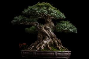 Envejecido bonsai árbol aislado en negro antecedentes generativo ai foto