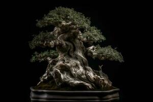 Envejecido bonsai árbol aislado en negro antecedentes generativo ai foto