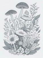 Mushrooms and flowers. Hand-drawn illustration. Black and white. AI generated. photo