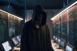 Anonymous hacker with hood and mask inside of data center photo