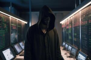 Anonymous hacker with hood and mask inside of data center generative ai photo