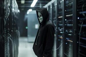 Anonymous hacker with hood and mask inside of data center photo