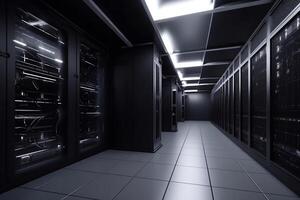 Corridor in server room of cybernetic data center photo