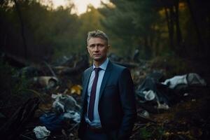 Businessman in suit stands in dark grey destroyed forest full of garbage generative ai photo