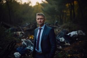 Businessman in suit stands in dark grey destroyed forest full of garbage photo