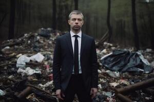 Businessman in suit stands in dark grey destroyed forest full of garbage photo