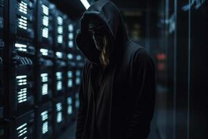 Anonymous hacker with hood and mask inside of data center photo