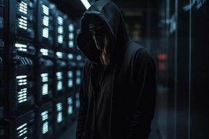 Anonymous hacker with hood and mask inside of data center generative ai photo