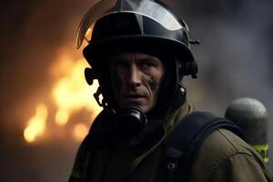 Concentrated fireman with helmet at action with scorching fire at background generative ai photo