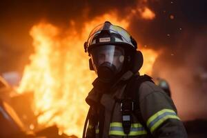 concentrado bombero con casco a acción con abrasador fuego a antecedentes generativo ai foto