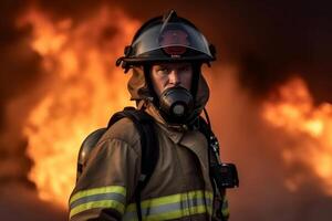 concentrado bombero con casco a acción con fuego a antecedentes generativo ai foto