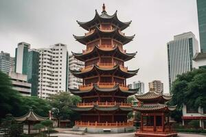 Chinese bell tower and city landmark building generative ai photo
