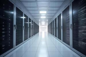 Corridor in server room of cybernetic data center photo