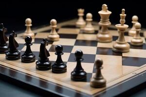 Chess figures on the chessboard in the middle of the game photo