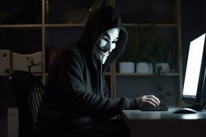 anónimo hacker con capucha y máscara sentado siguiente a computadora generativo ai foto