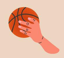 Hand holding Basketball ball colorful objects with texture. Cartoon illustration. Sport, team play concept. Vector flat modern illustration isolated.