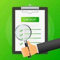 Hand holds magnifying glass over tablet with checklist on green background. Vector illustration.