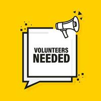 Megaphone with volunteers needed poster in flat style. Vector illustration.