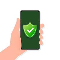 Hand holds phone with secure sign on screen on green background. Vector illustration.