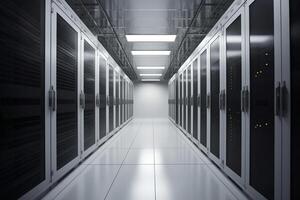 Corridor in server room of cybernetic data center photo