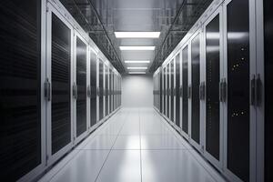 Corridor in server room of cybernetic data center generative ai photo