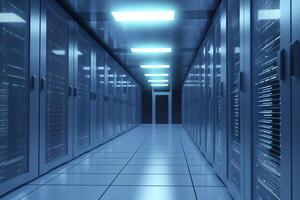 Corridor in server room of cybernetic data center photo