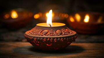 Happy Dawali concept, photo of illuminated diya or clay oil lamp