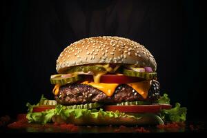 Tasty burger on the wooden board with dark lighting and black background. Food and delivery concept. Generative AI photo