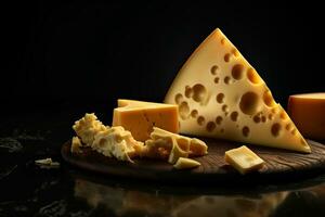 Sliced cheese on the wooden board with dark lighting and black background. Food and delivery concept. Generative AI photo