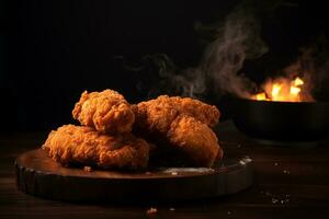 Crispy fried Chicken on the wooden board with dark lighting and black background. Food and delivery concept. Generative AI photo