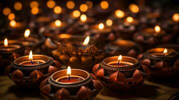 Happy Dawali concept, photo of many illuminated diya or clay oil lamp