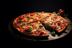 pepperoni Pizza en el de madera tablero con oscuro Encendiendo y negro antecedentes. comida y entrega concepto. generativo ai foto