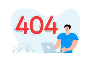 A man stands near the smartphone, on the screen Error 404 page. System error. vector