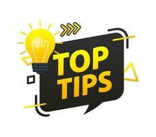 Top tips label with light bulb. Helpful tricks, tooltip vector