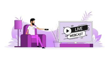 Man sits on the couch, they switch the channel on the TV - Live webcast vector