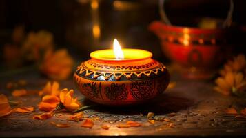 Happy Dawali concept, photo of illuminated diya or clay oil lamp