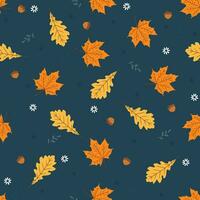 Seamless pattern with maple, oak, acorn and flowers. Vector illustration.