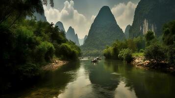 Beautiful mountain scenery of Yu Long karst river in Yangshuo Guilin, China. ai generative photo