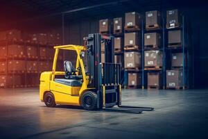 yellow forklift in a warehouse with cardboard boxes.logistics and delivery concept. ai generative photo