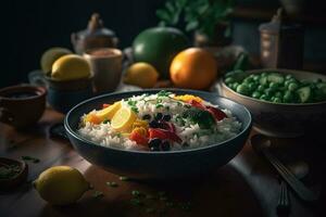 boiled rice with vegetables. Japanese style breakfast. ai generative photo