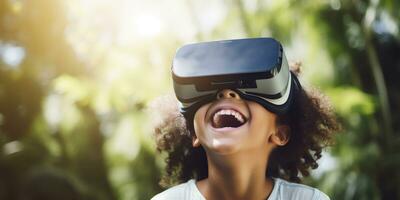 child in VR virtual reality headset with excited mood. innovative device for learning or imagination. ai generative photo