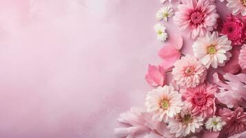 Banner with a frame of pink flowers on a pink background. Spring composition with copyright.ai generative photo