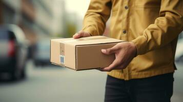 delivery man's hands holding a box close-up, blurred background.ai generative photo