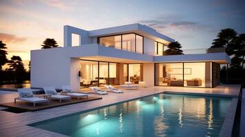 Exterior of modern minimalist cubic villa with swimming pool at sunset.ai generative photo