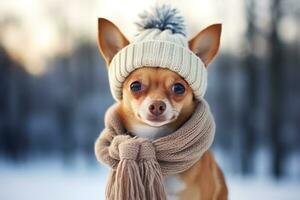 cute dog in a hat and scarf on a winter background. ai generative photo