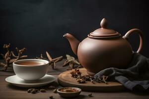 tetera lleno con Ashwagandha té, y un pequeño taza para torrencial. ai generativo foto