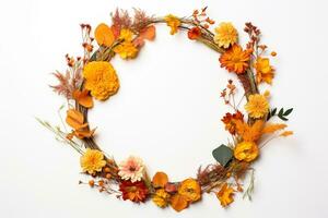 autumn composition. Wreath of dry autumn leaves and flowers on a white background, top view, copy space.ai generative photo