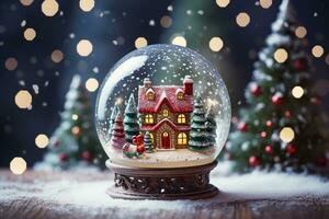 snow globe with snowflakes on red background with bokeh, copyspace. ai generative photo